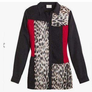 Chico's Black Red Leopard Long Sleeve Button Down Blouse 2 Large 12
